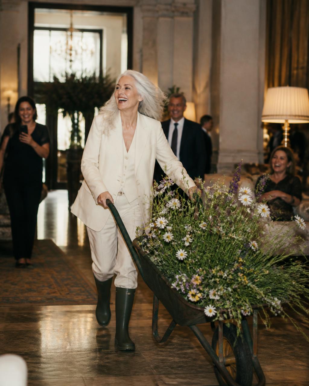 Silver-haired woman pushing a wheelbarrow of wildflowers through a hotel