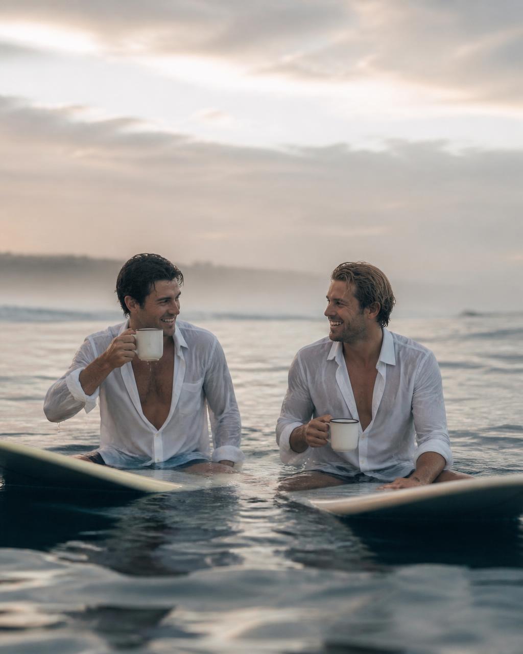 Two friends in white shirts drinking coffee while sitting on surfboards