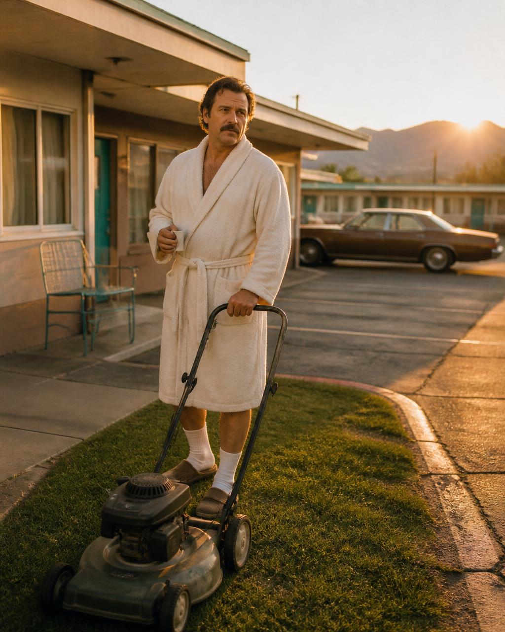 Man in a bathrobe mowing a tiny motel lawn at sunrise