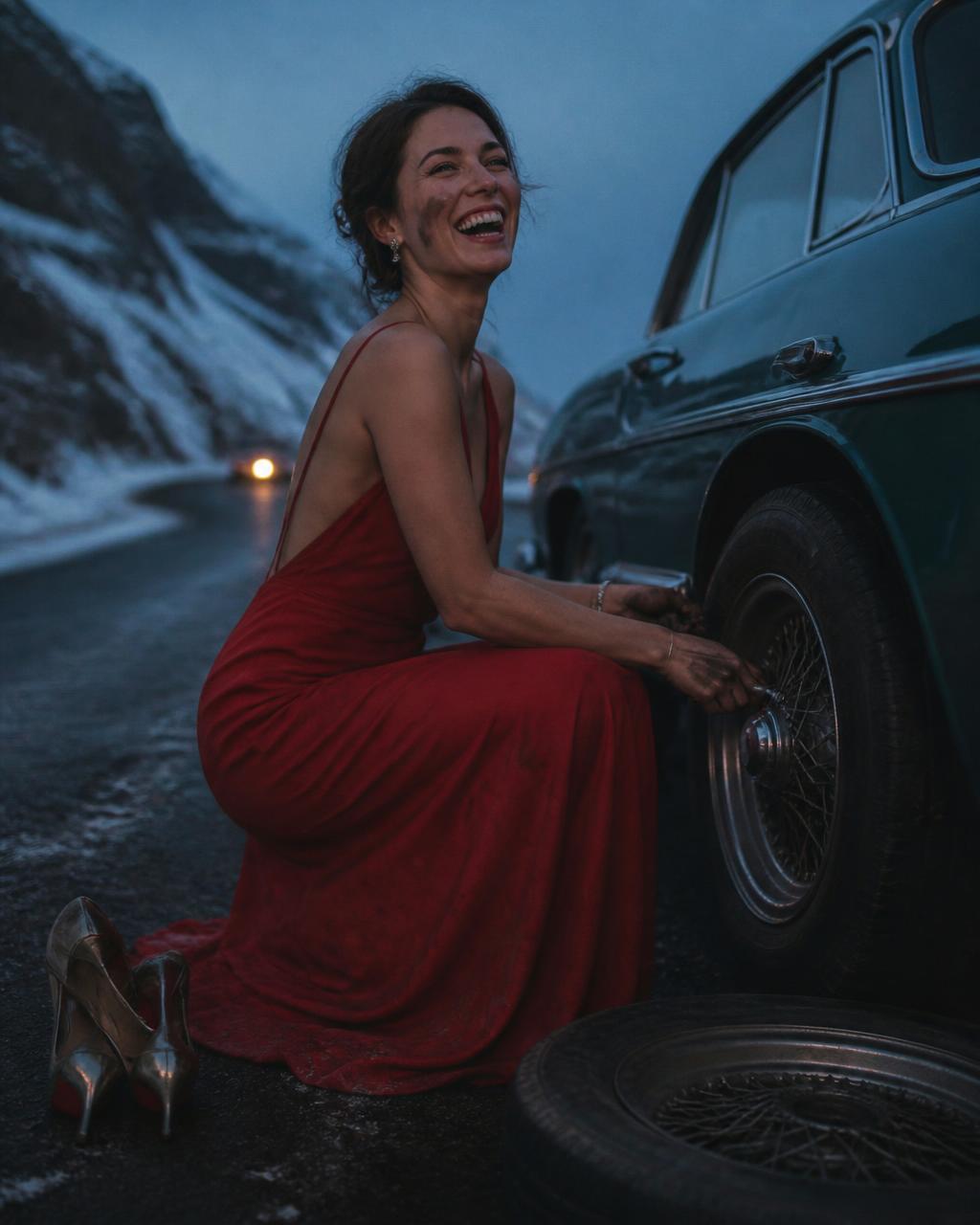 Woman in a red evening dress changing a tire on a snowy road