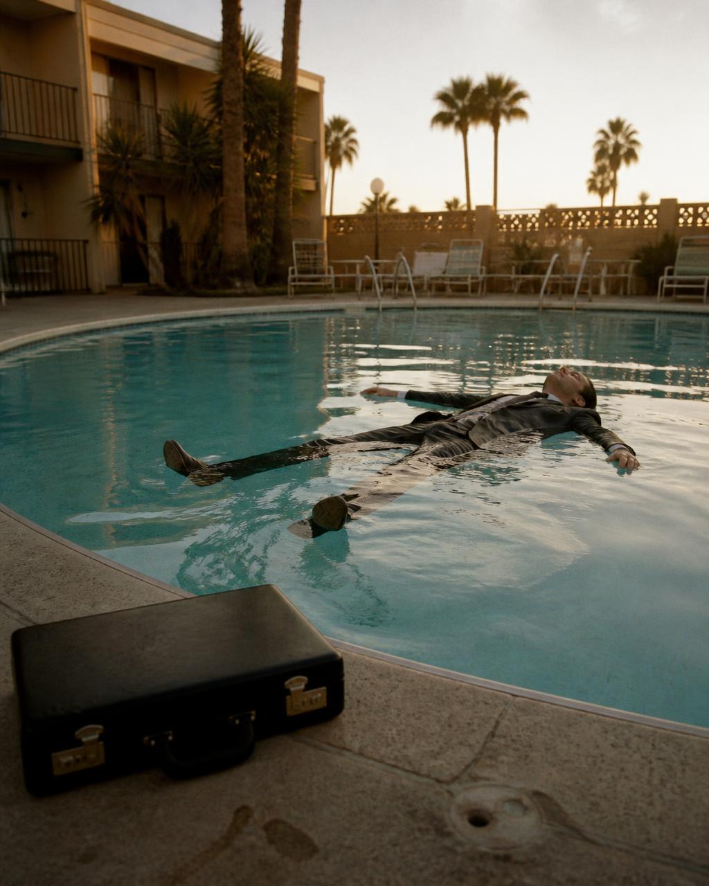 Man floating face down in a motel pool, briefcase left on the deck