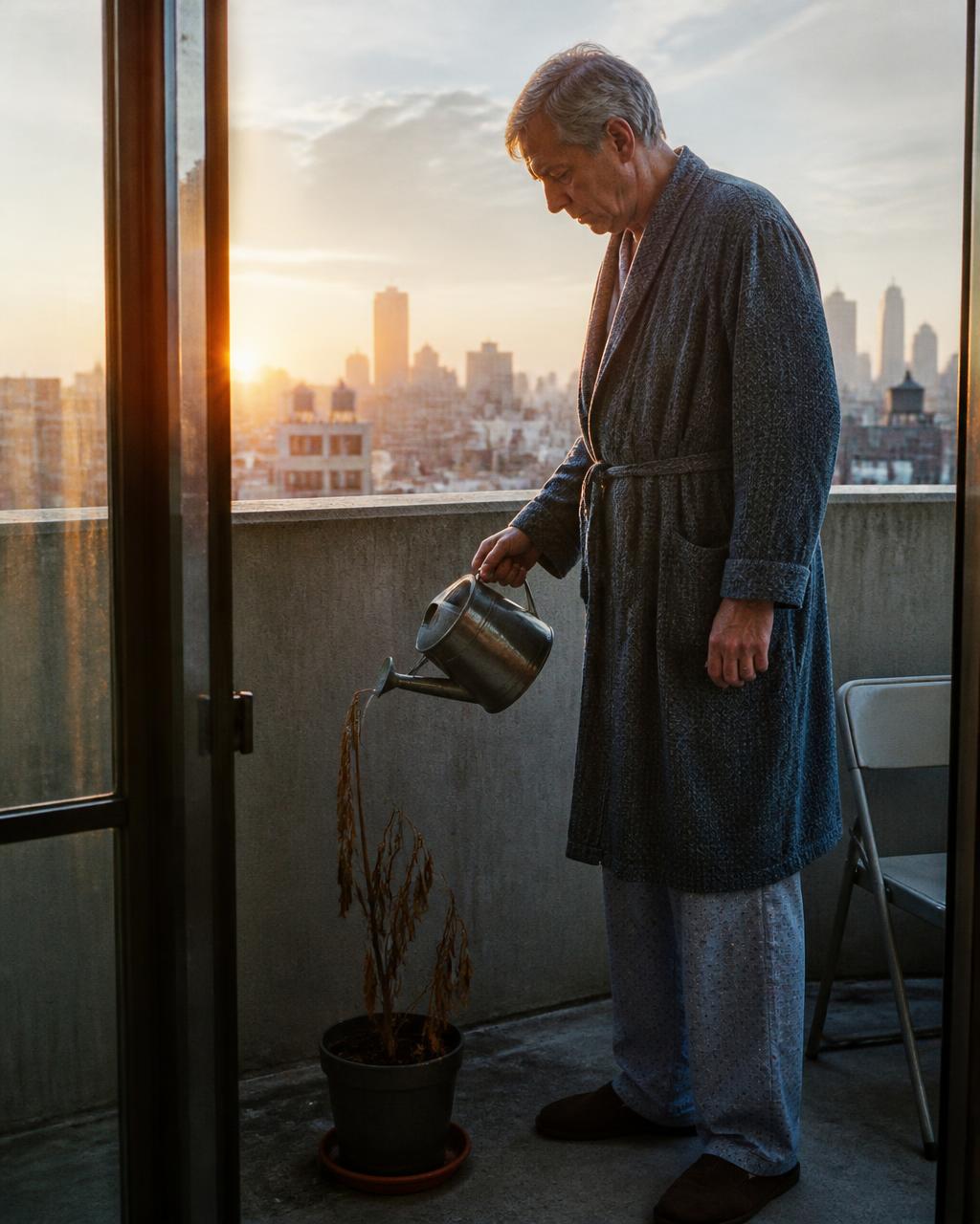 Older man in a bathrobe watering a plant on a city balcony at sunrise