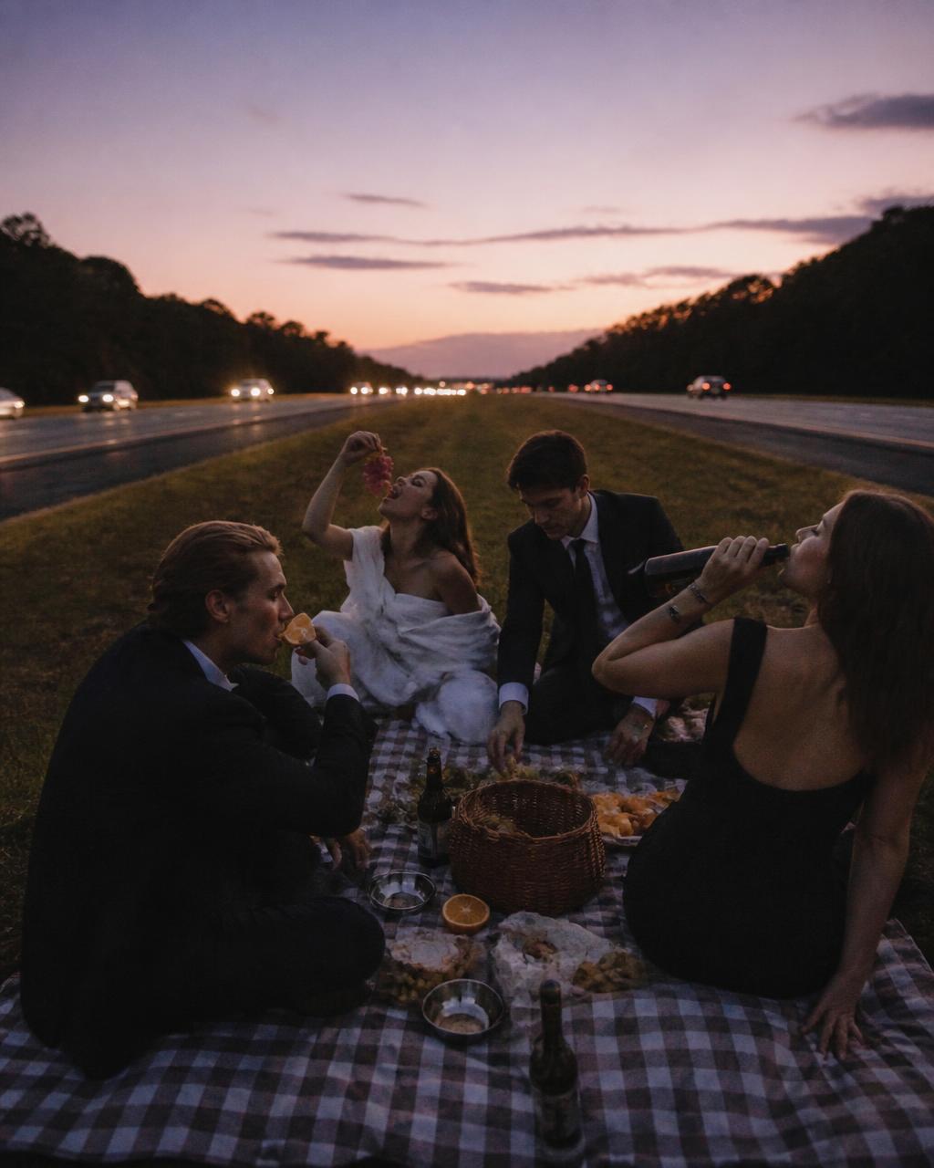 Friends in formal wear having a picnic on a highway median at dusk