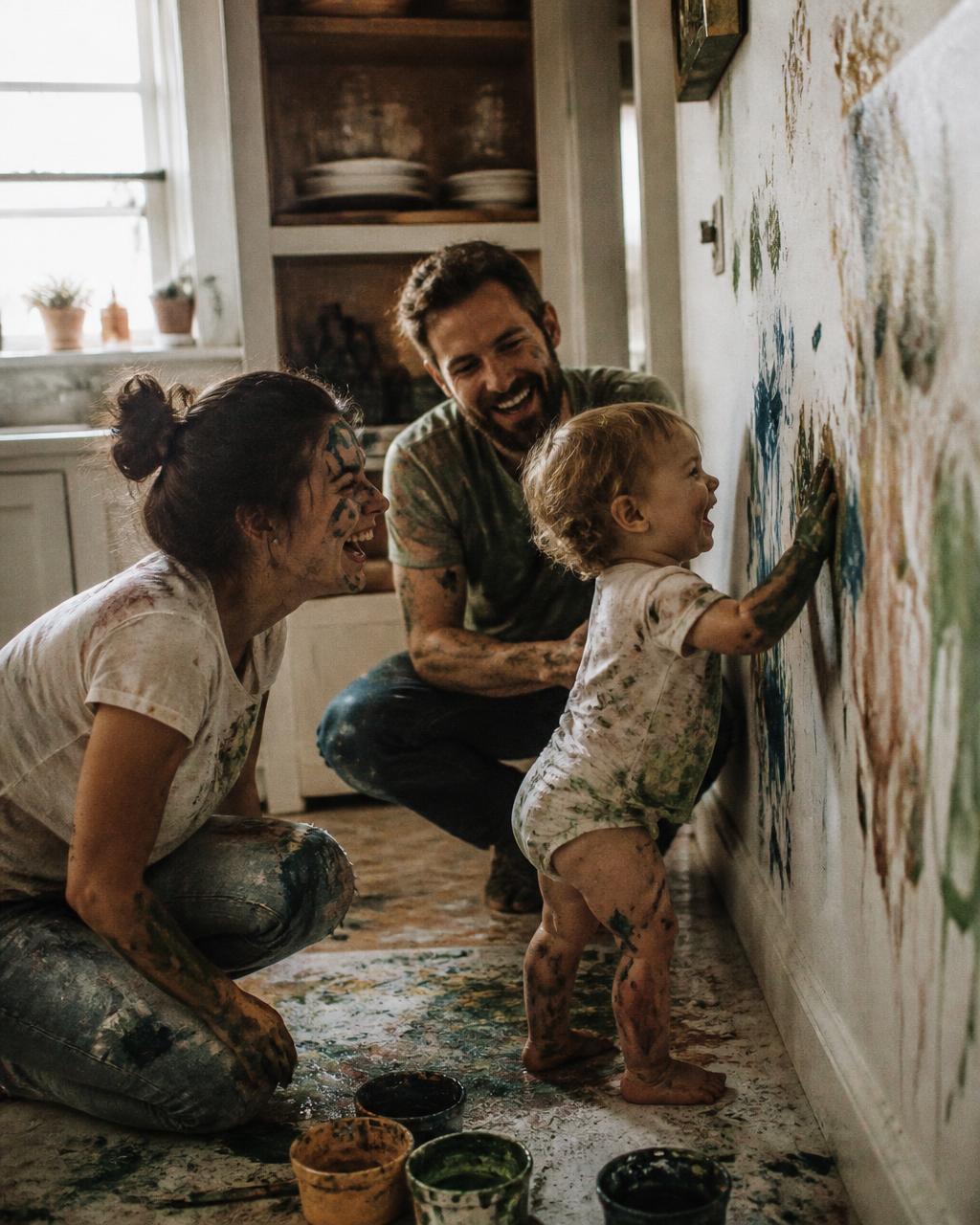 Parents laughing while toddler finger-paints the kitchen wall