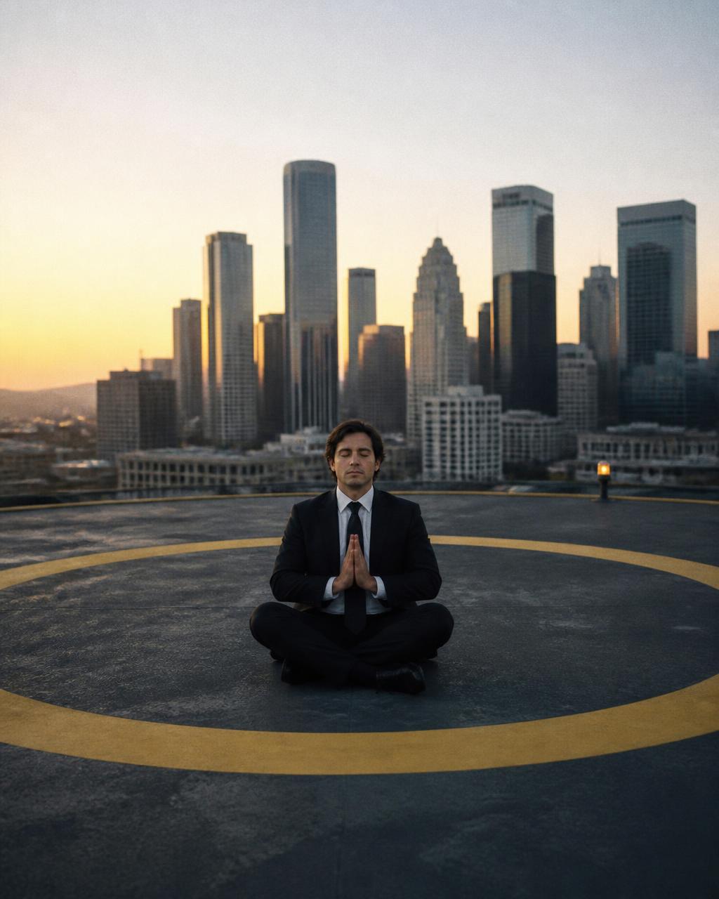 Man in a suit meditating cross-legged on a downtown helipad at sunset