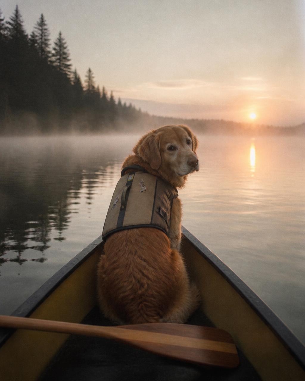 Golden retriever in a life vest riding in a canoe on a misty lake