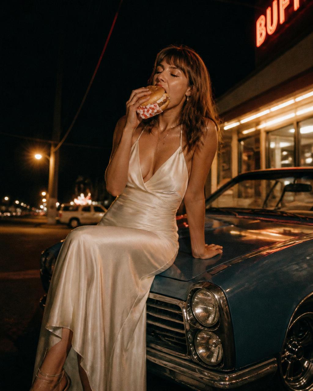 Woman in a silk dress sitting on a classic car eating a burger at night