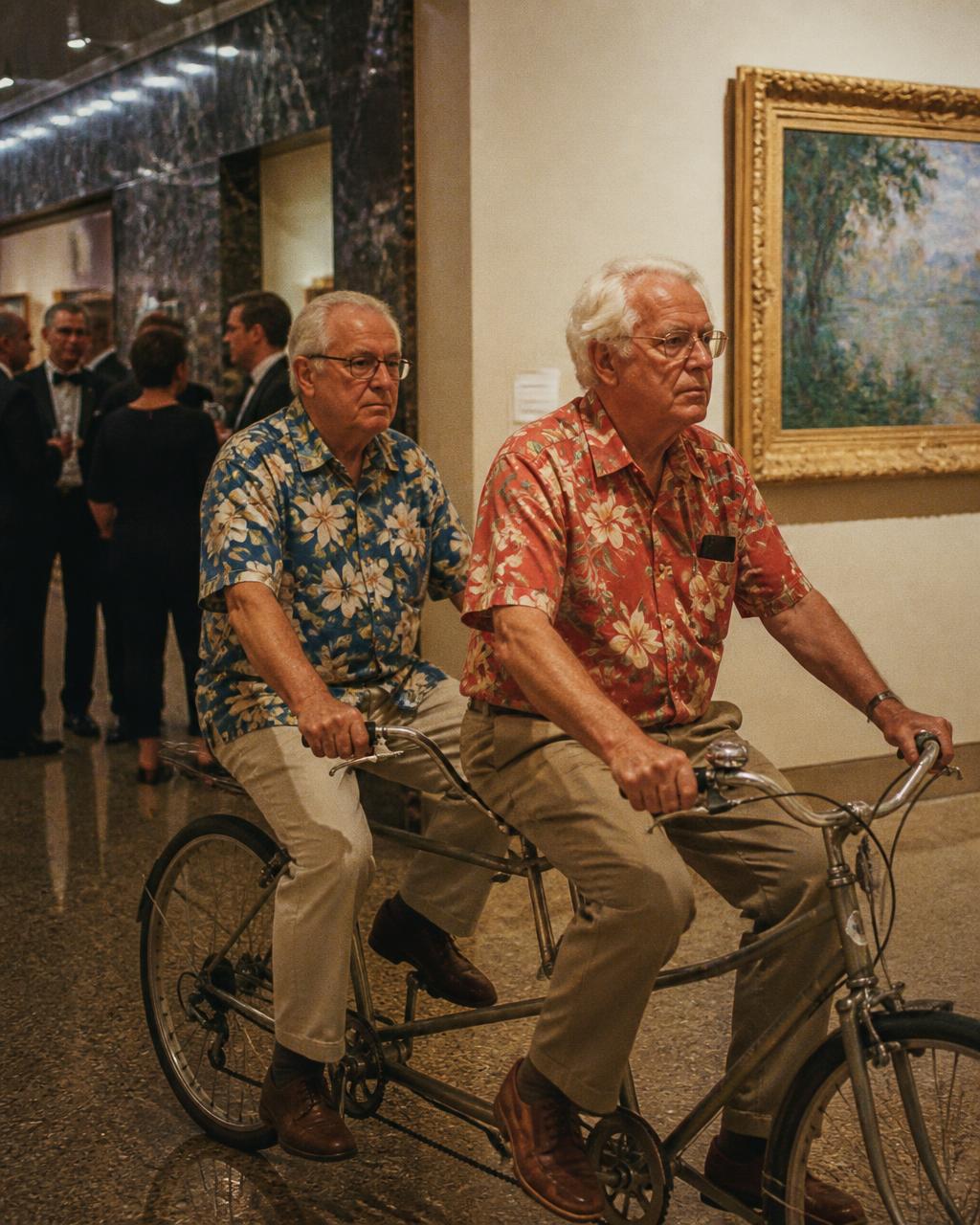 Two older men in Hawaiian shirts riding a tandem bicycle through a gallery