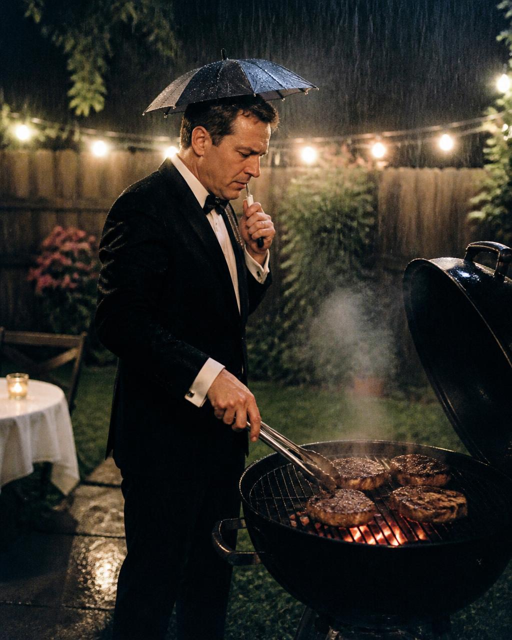Man in a tuxedo grilling in the rain under a tiny umbrella hat