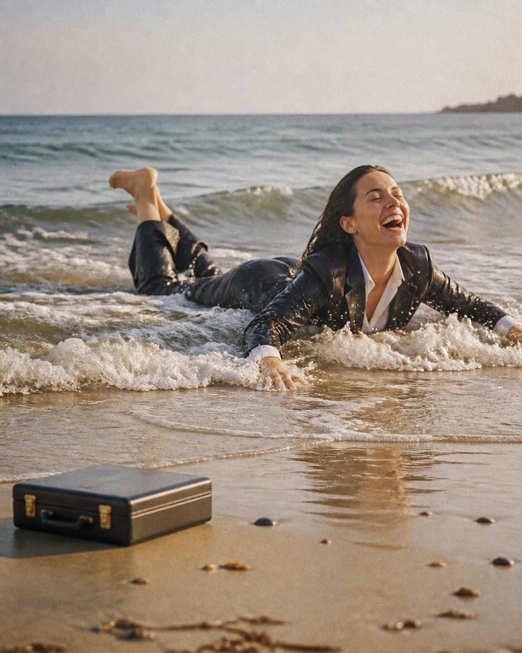 Woman laughing in the ocean surf fully dressed, briefcase washed ashore