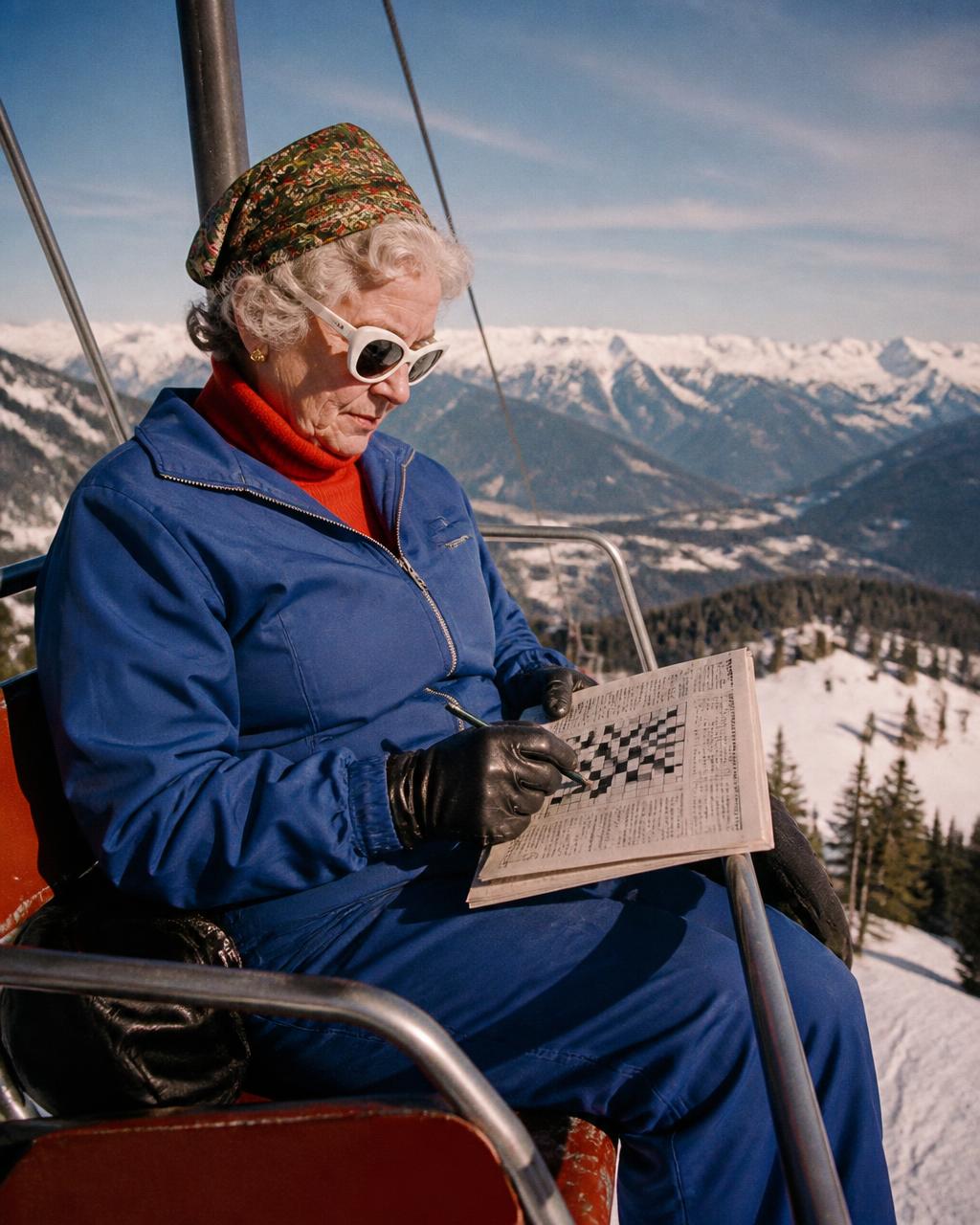 Older woman in ski goggles knitting on a chairlift above the mountains