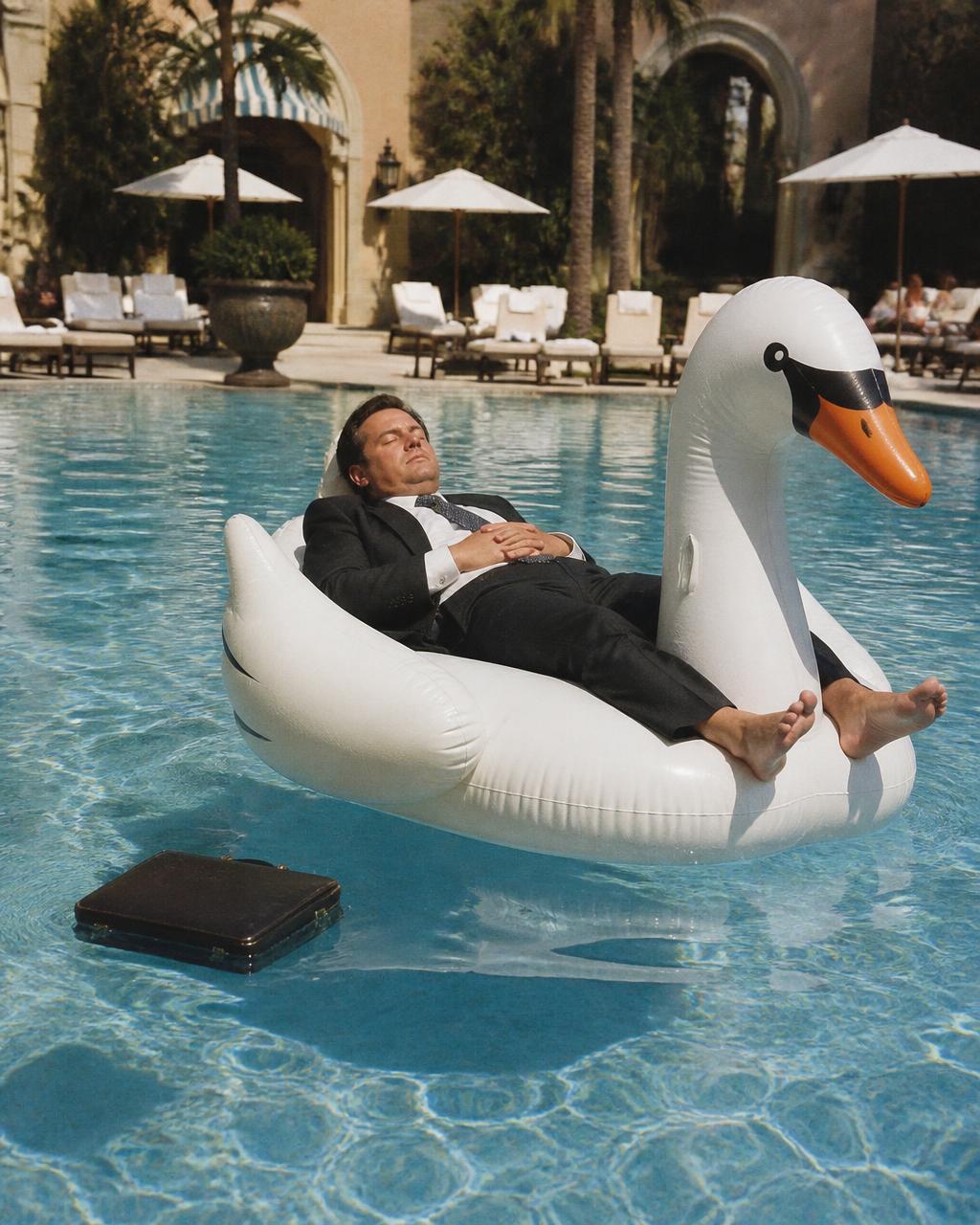 Man in a tuxedo reclining on an inflatable swan in a hotel pool