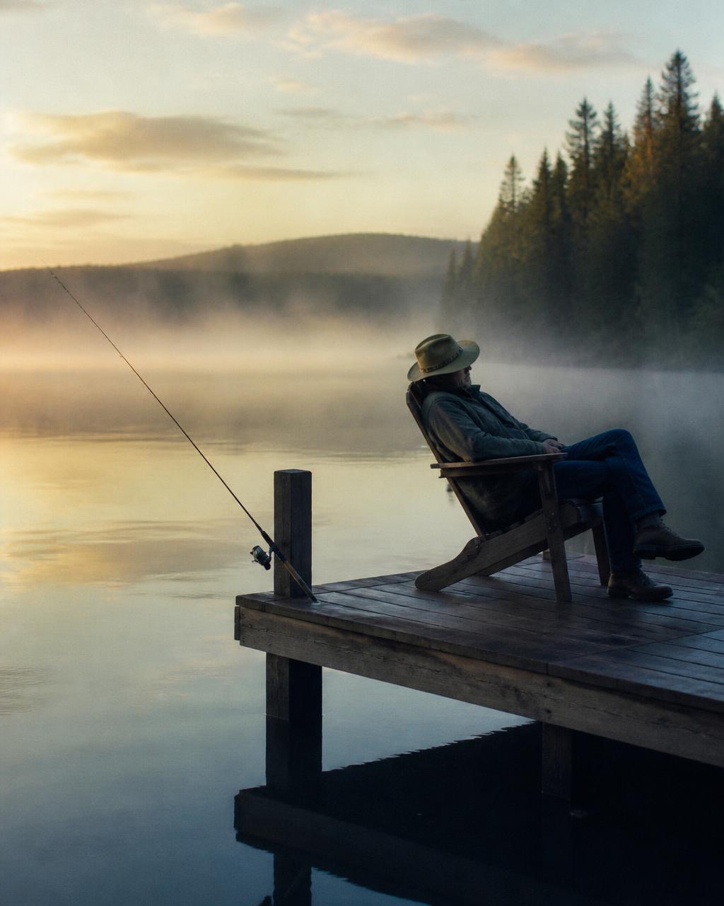 Man on a misty dock at dawn, fishing rod unattended
