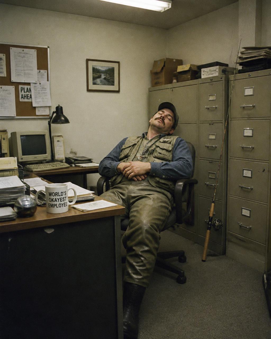 Man in fishing waders asleep at his office desk