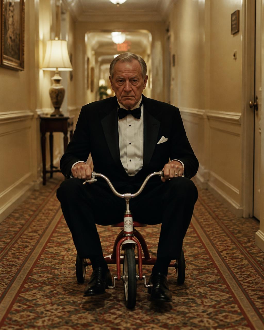 Older man in a tuxedo riding a tiny tricycle down a hotel hallway