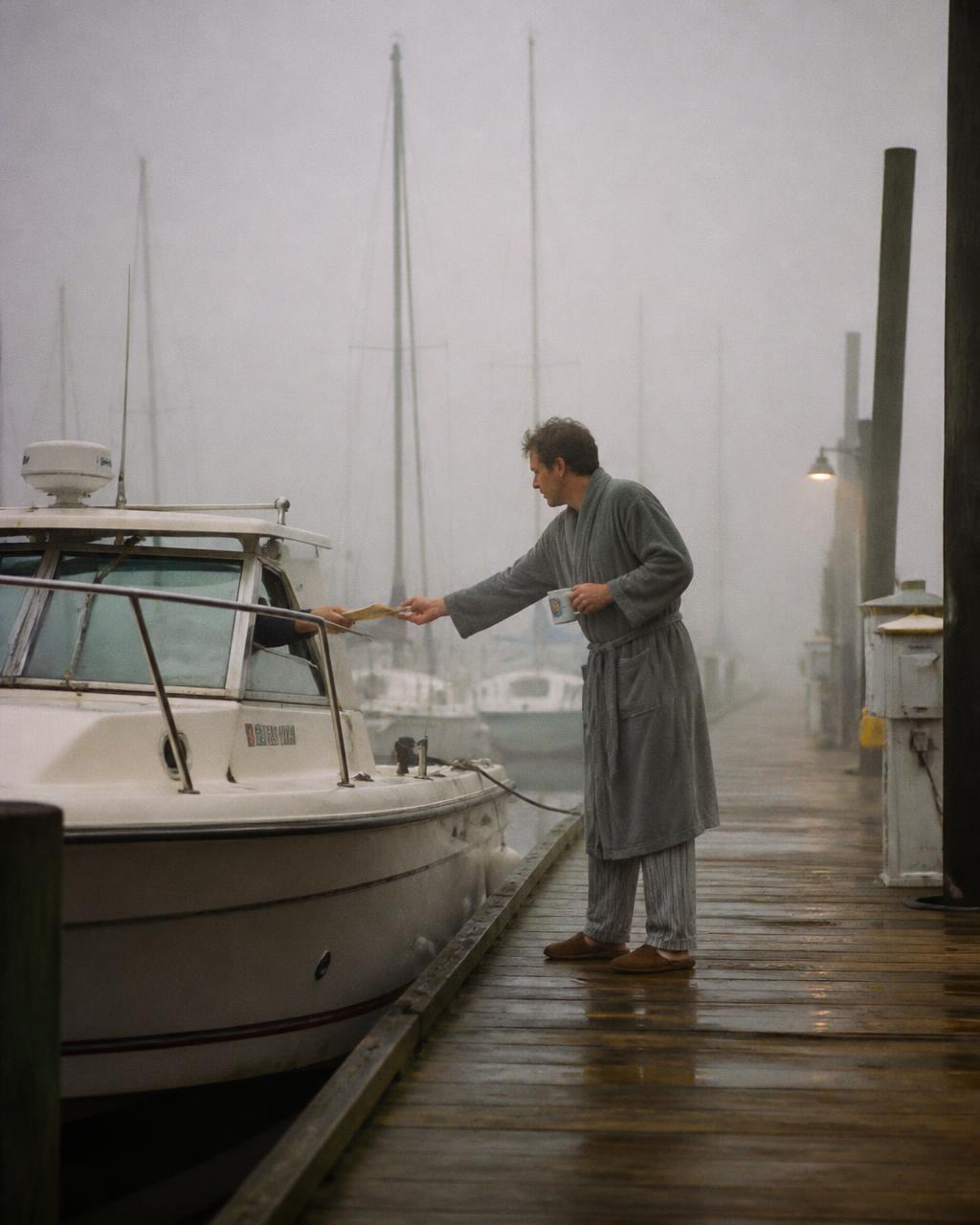 Woman in a bathrobe tending a boat on a foggy dock