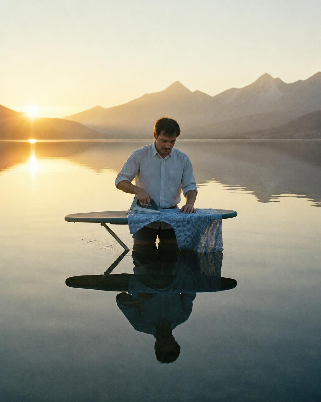 Man ironing a shirt on an ironing board standing in a lake at sunrise