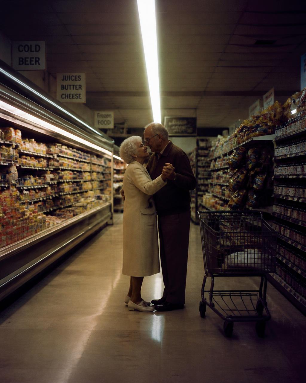 Older couple slow dancing in a grocery store aisle