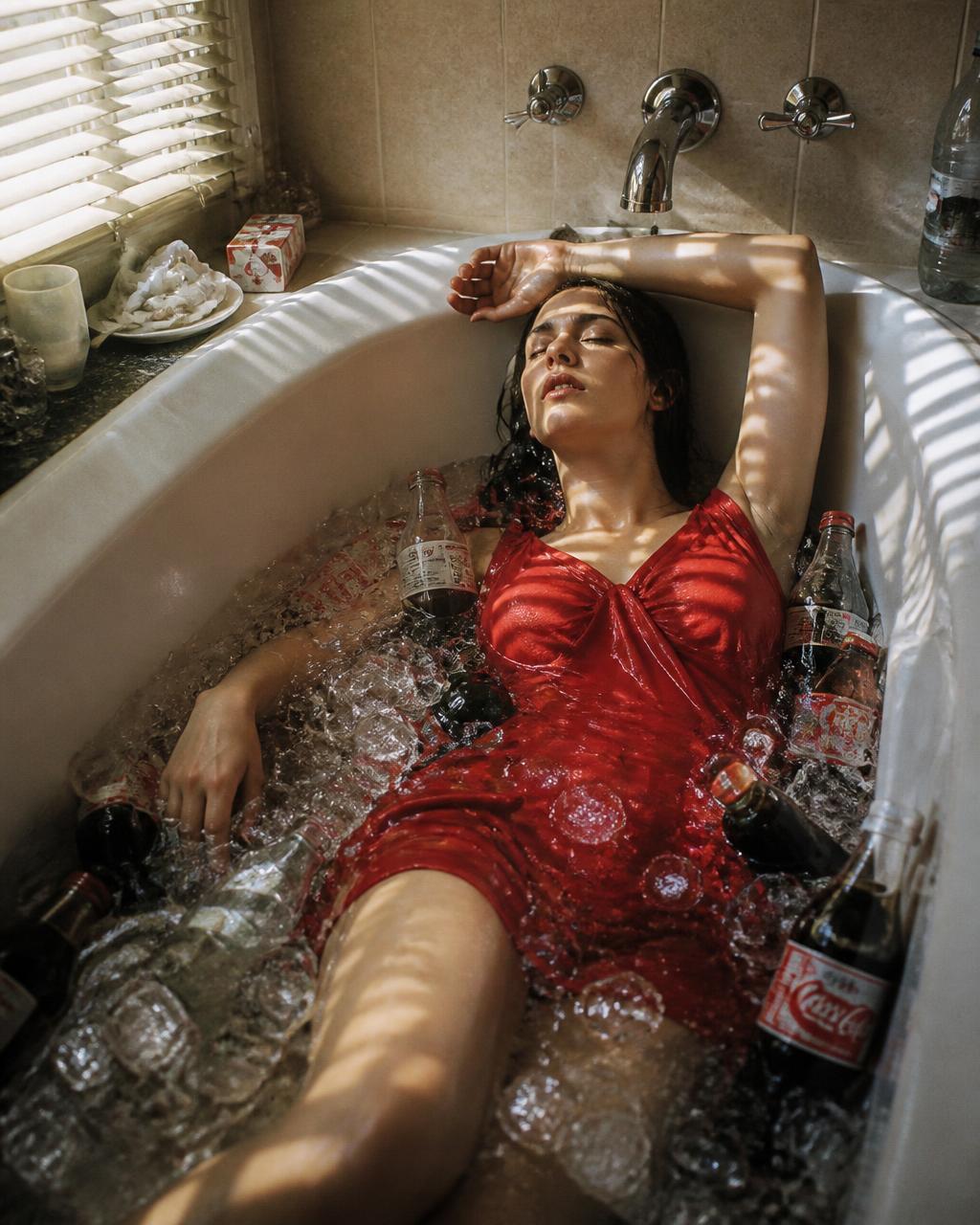 Woman in a red dress relaxing fully dressed in a bubble bath