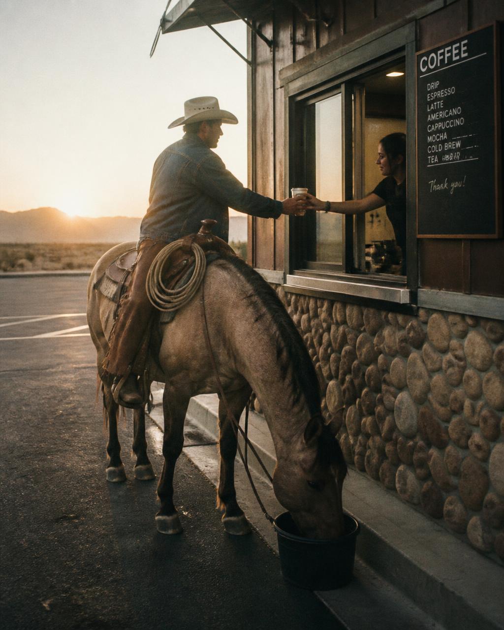 Cowboy on horseback ordering at a coffee drive-thru window