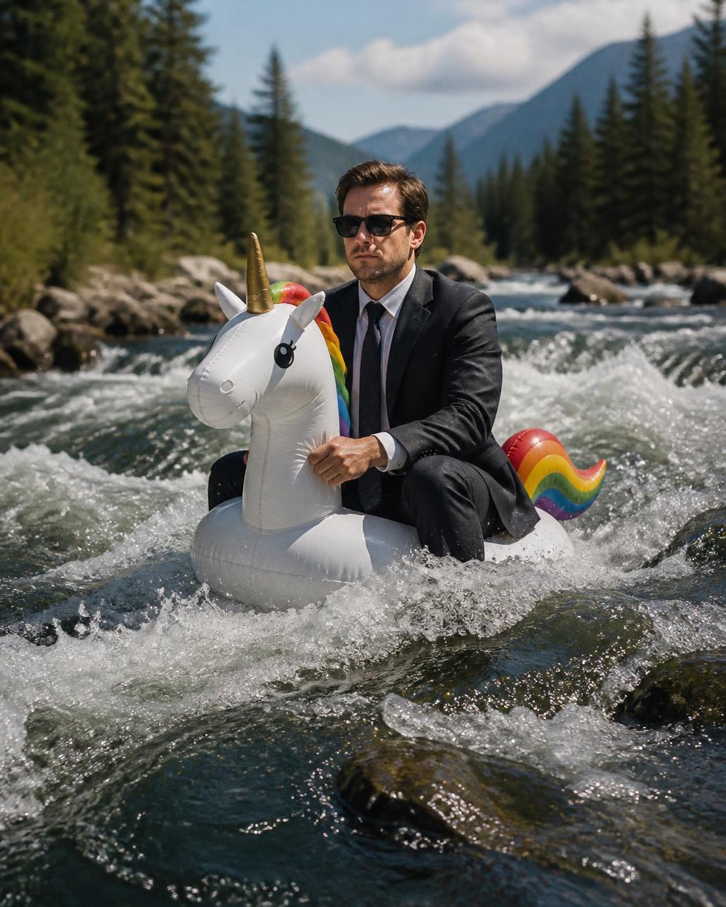 Man in a suit riding an inflatable unicorn through river rapids