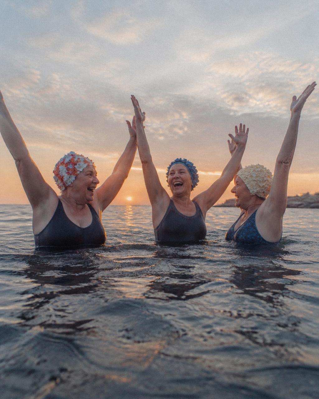 Three older women in swim caps cheering in the water at sunset