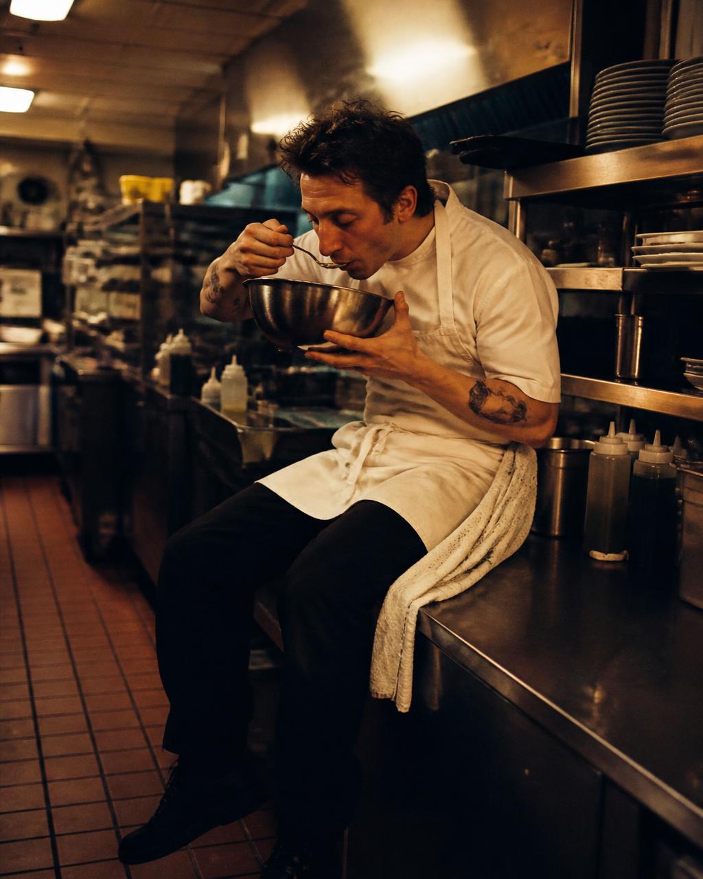 Chef eating noodles straight from the pot on a kitchen counter