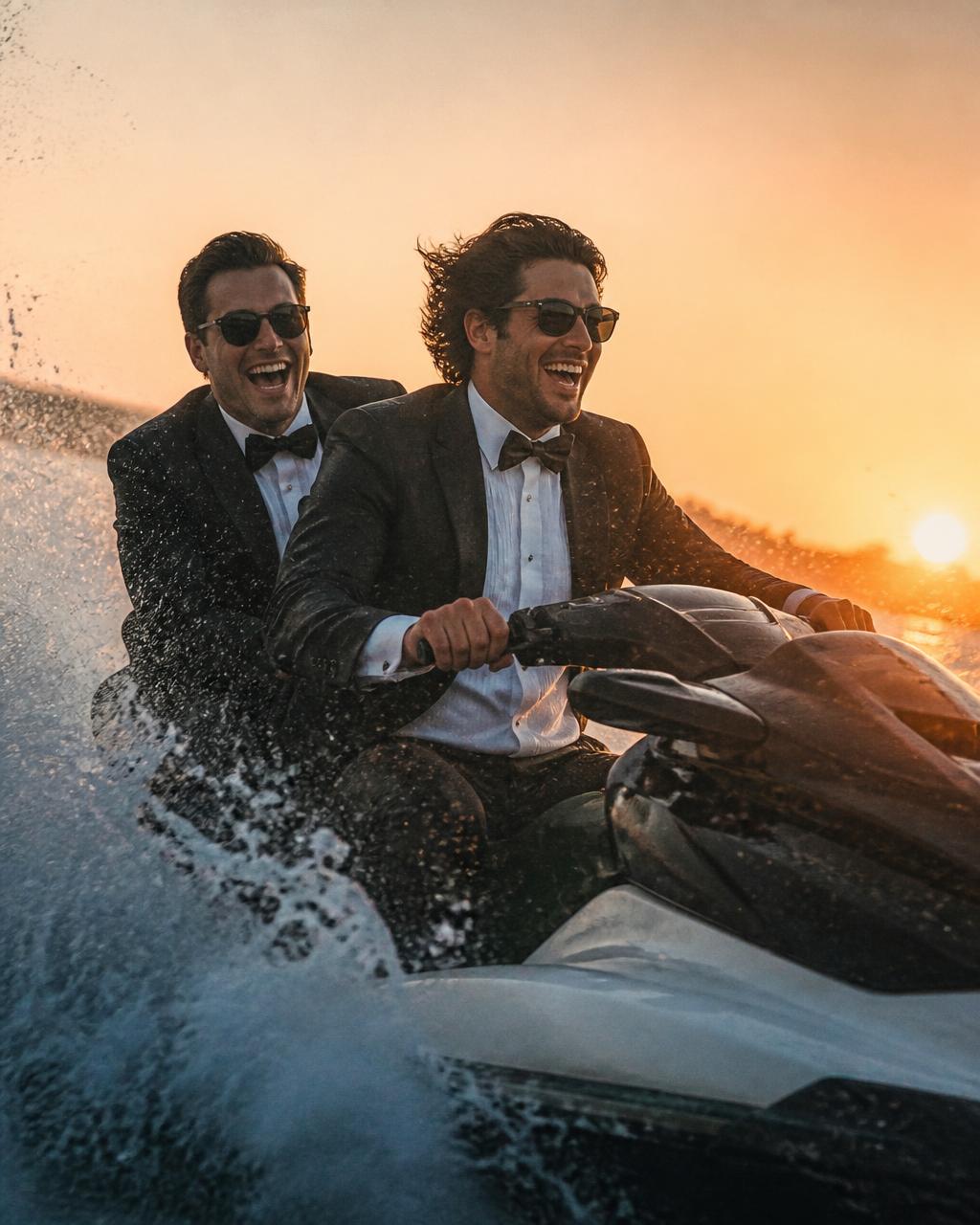 Two men in tuxedos laughing on a jet ski at sunset