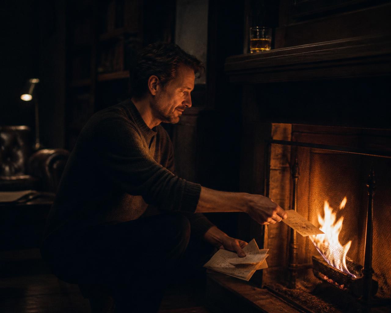 Man calmly feeding old letters into a fireplace