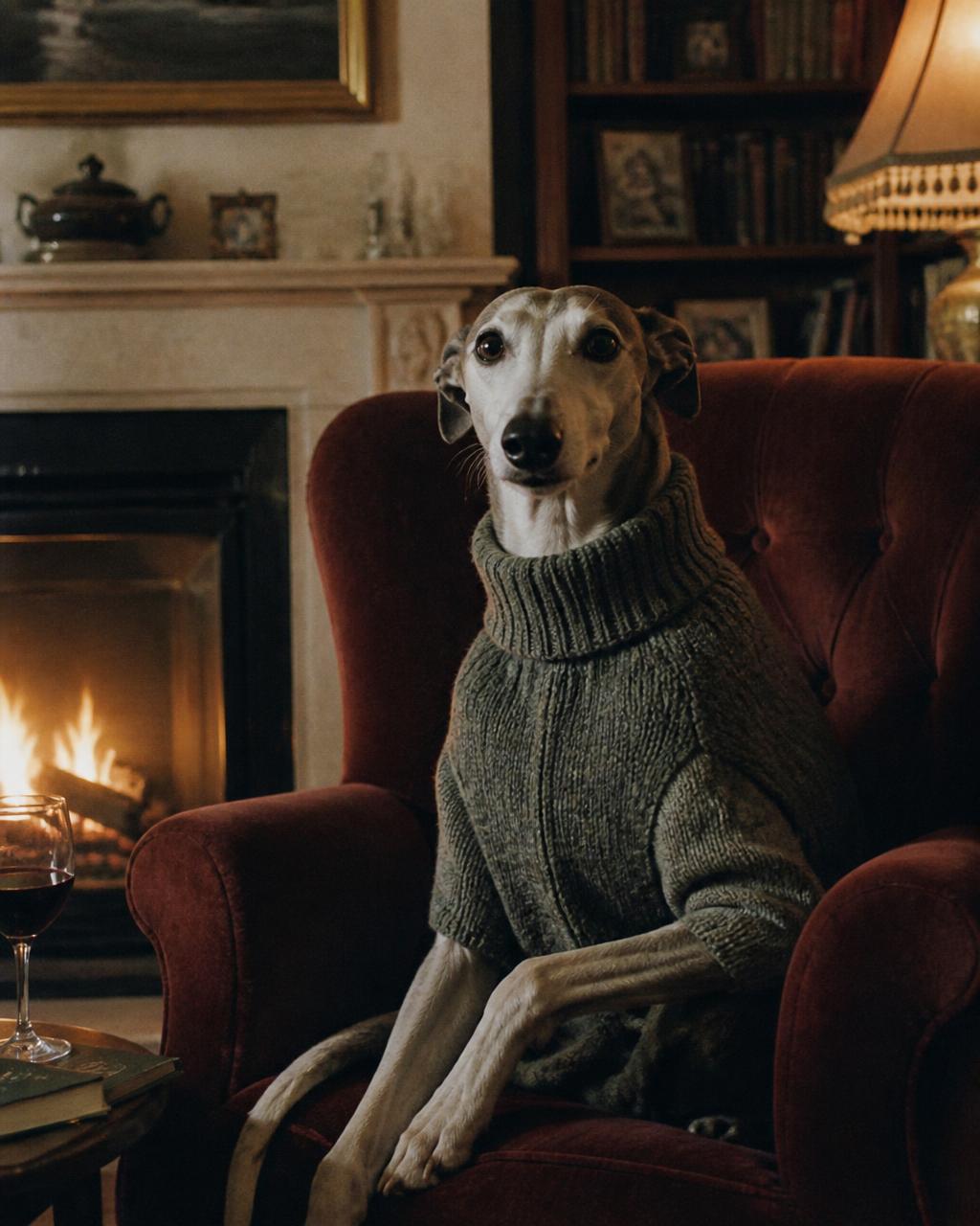 Greyhound in a knit sweater sitting in an armchair by the fireplace