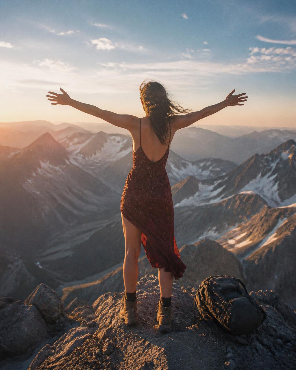 Woman in a red dress standing arms open on a mountain summit at sunrise