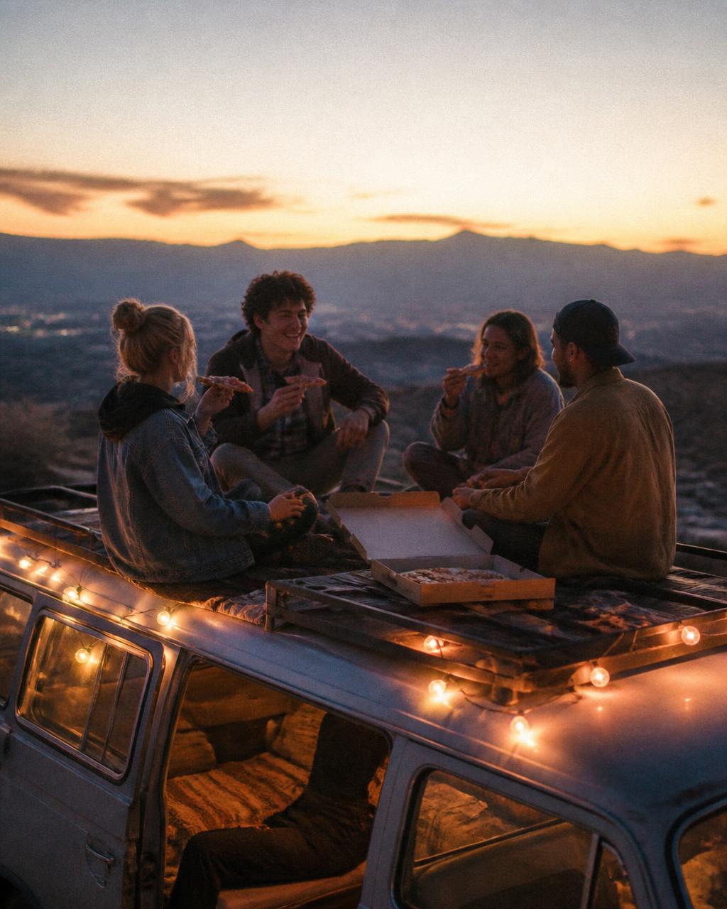 Friends playing cards on a van roof under string lights at dusk