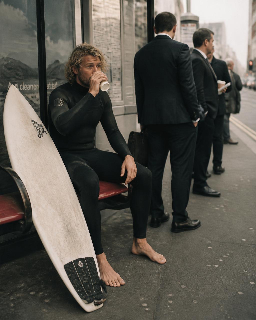 Barefoot surfer in a wetsuit riding the subway with his board