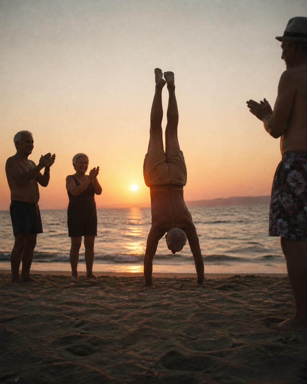 Group cheering a friend doing a handstand on the beach at sunset