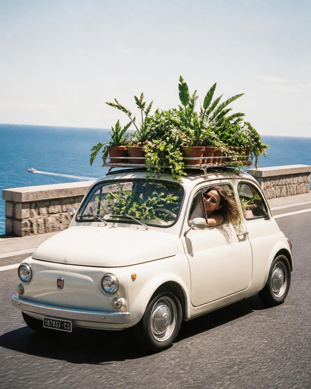 Tiny vintage car packed with plants and a happy dog by the sea