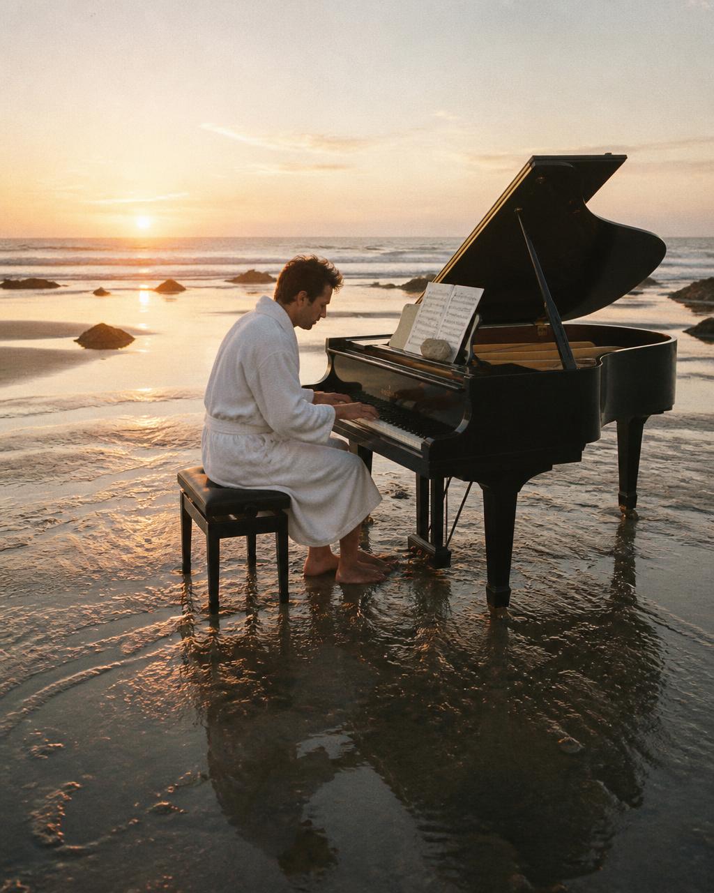 Man in a bathrobe playing a grand piano on the beach at sunrise