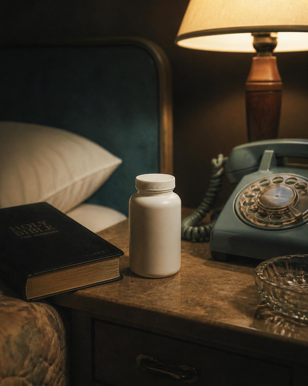Plain white bottle on a motel nightstand beside a rotary phone