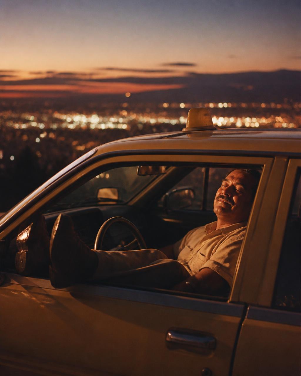 Taxi driver with feet up, eyes closed, above city lights
