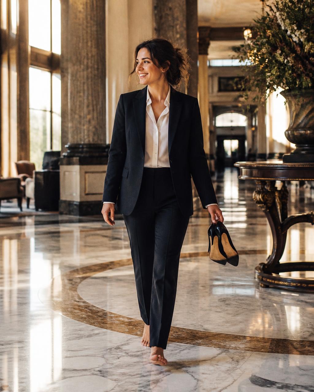 Woman in a business suit walking barefoot through a marble hotel lobby, heels in hand