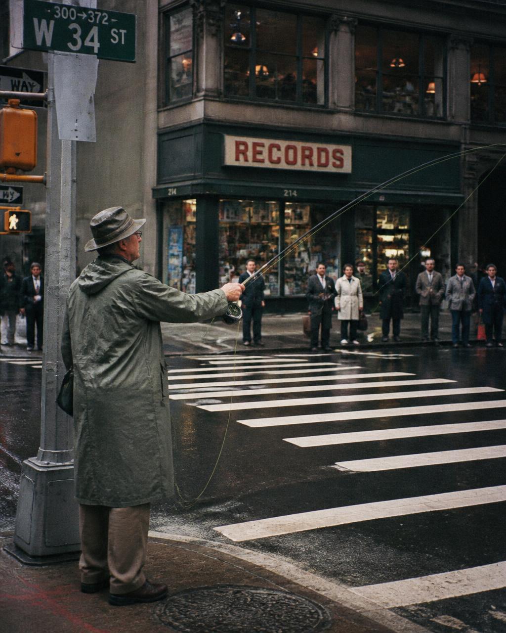Man in a raincoat directing the queue outside a record shop