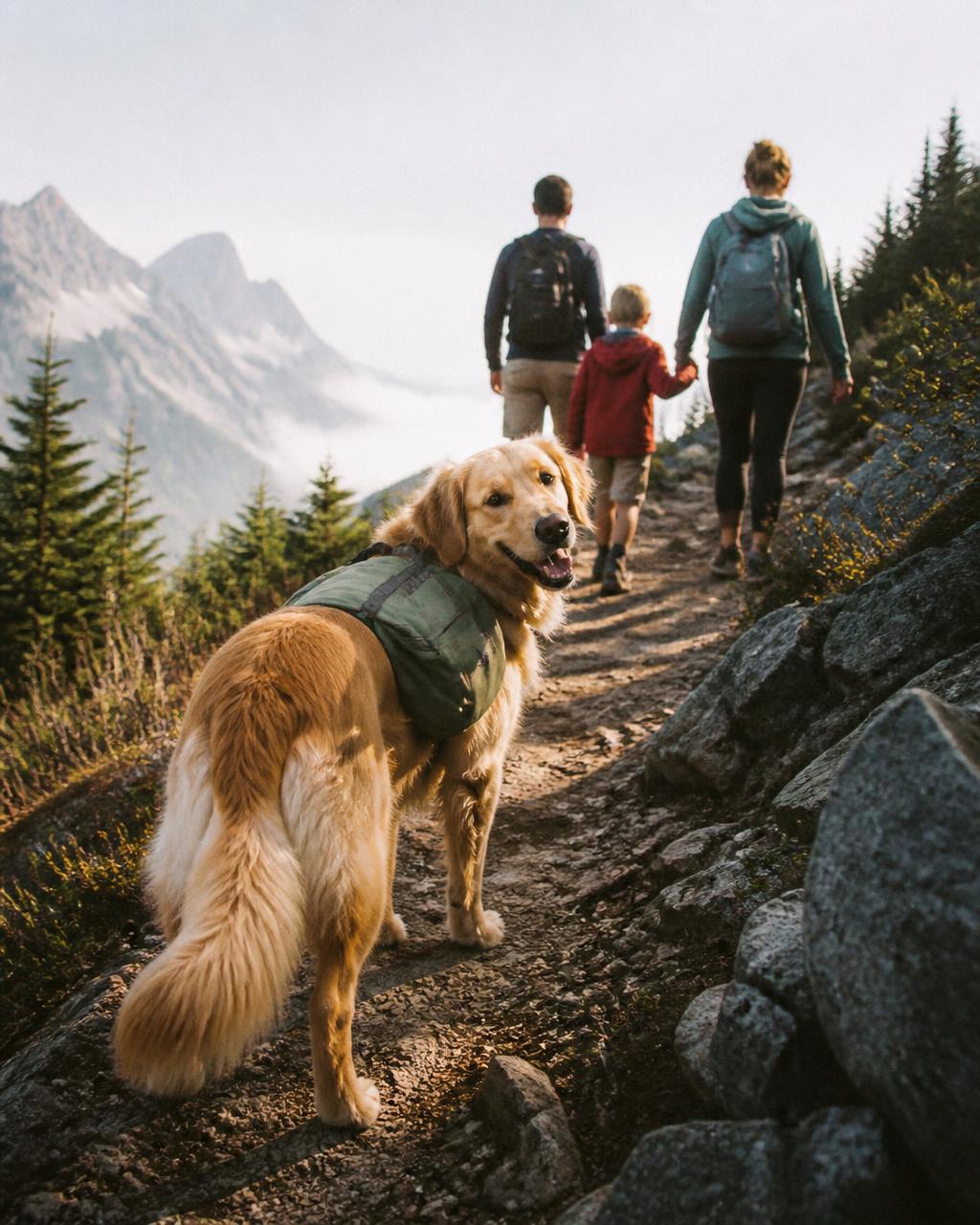 Golden retriever in a hiking vest leading a family up a mountain trail