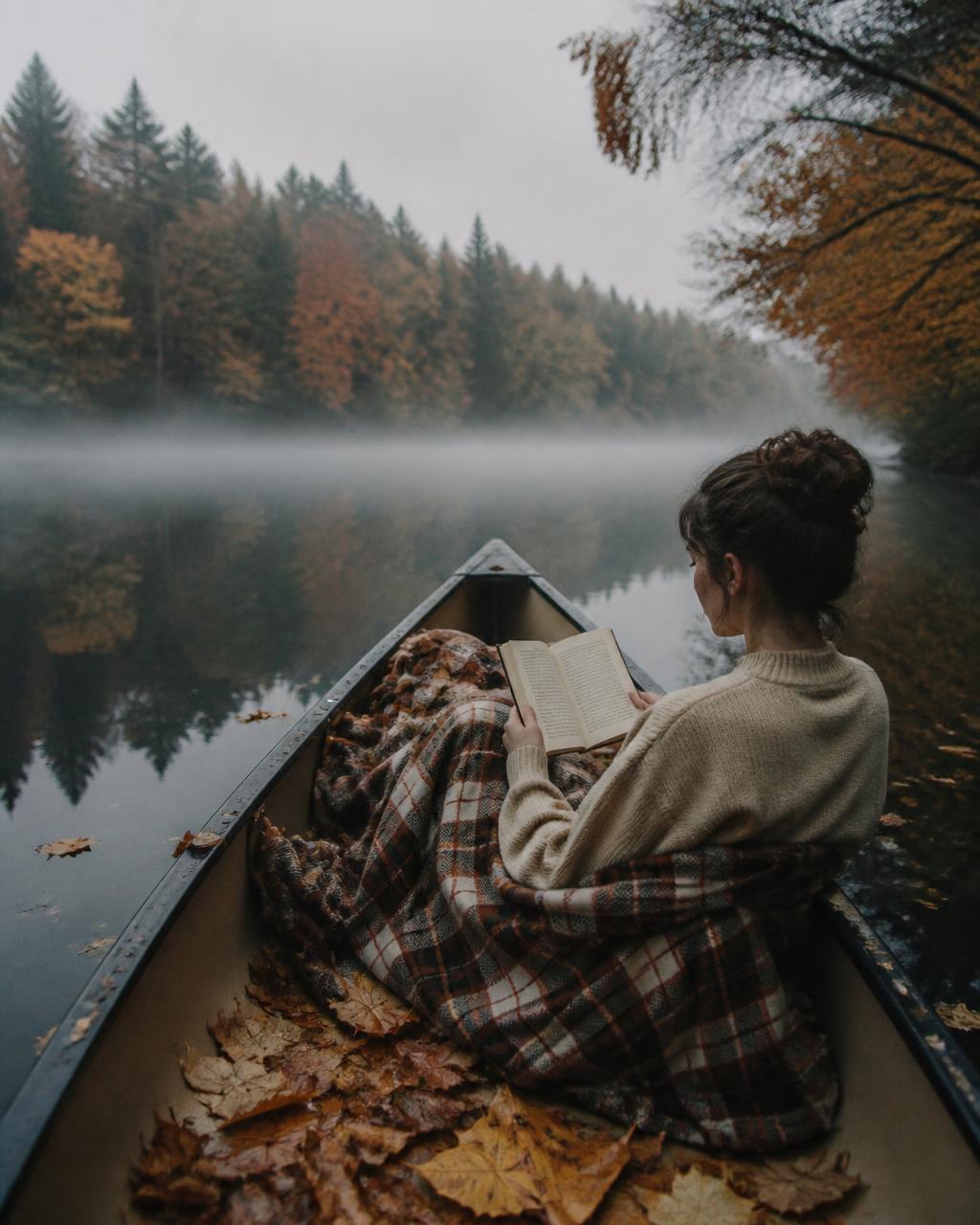 Woman reading under a blanket in a canoe full of autumn leaves