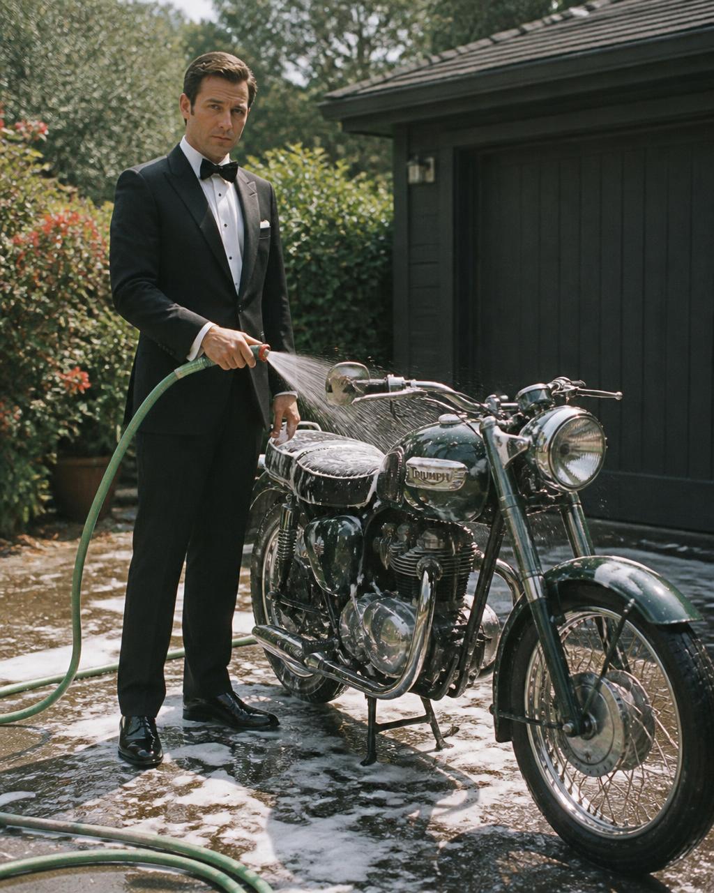 Man in a tuxedo washing a motorcycle with a garden hose