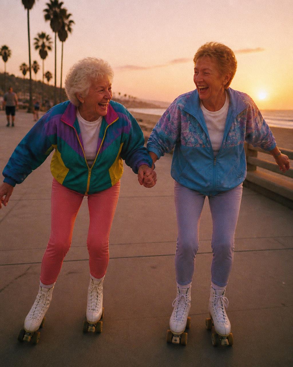 Two older women in neon tracksuits roller skating at sunset