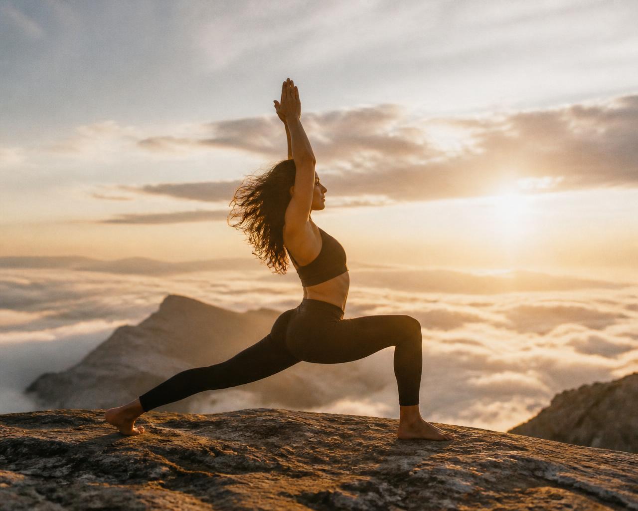 Woman in a yoga pose on a cliff above the clouds at sunrise