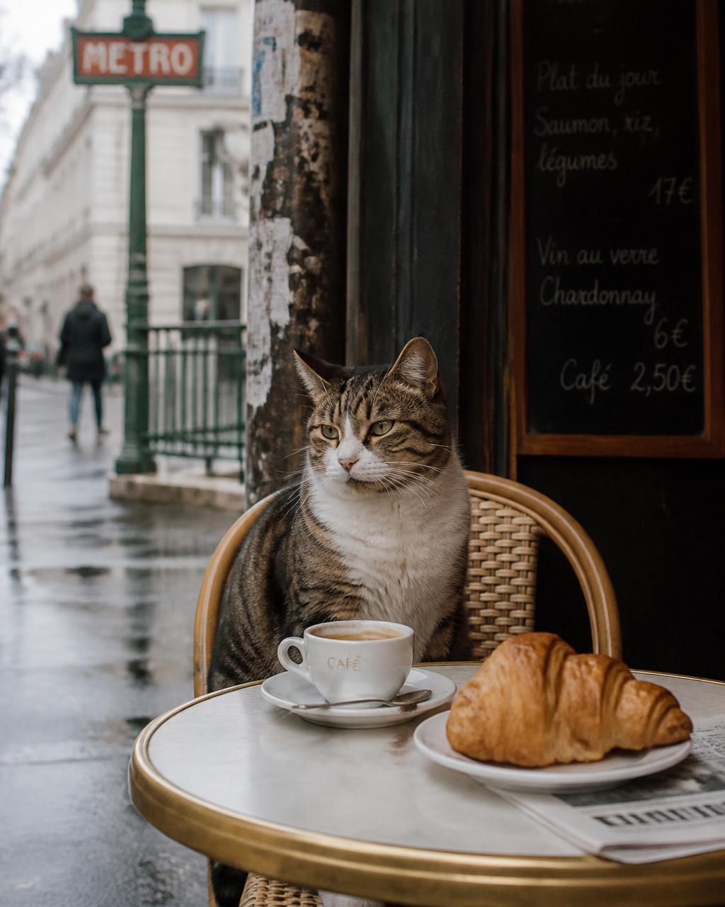 Cat sitting at a Parisian café table with coffee and a croissant
