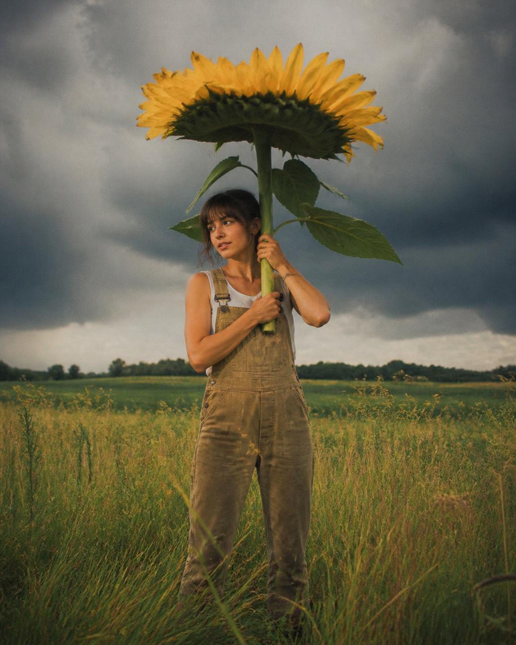 Woman in overalls holding a giant sunflower as an umbrella in a field