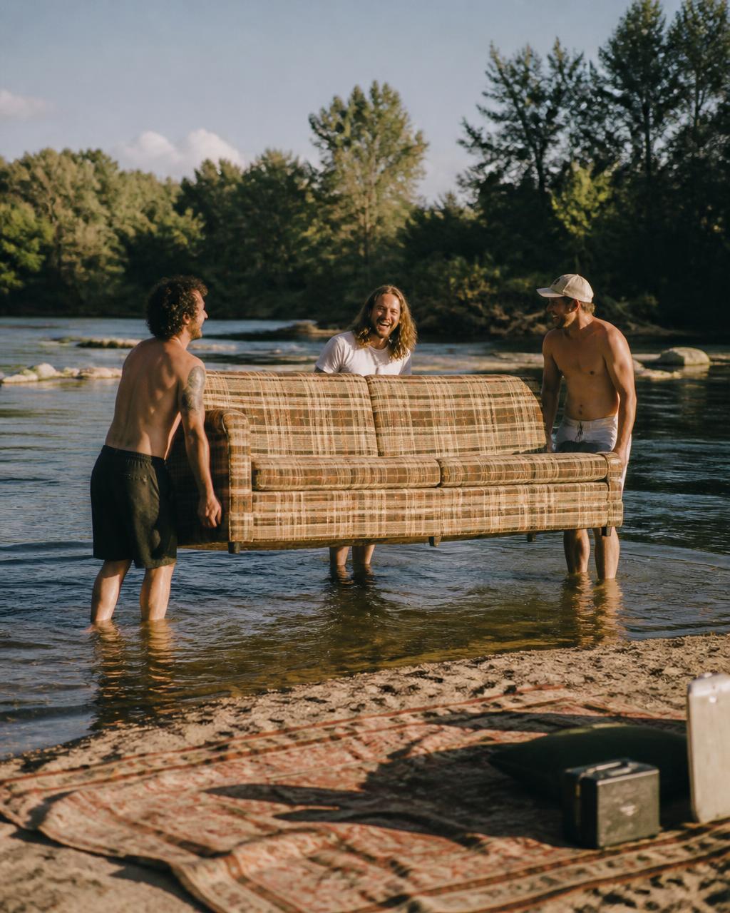 Friends carrying a wicker couch through a shallow river