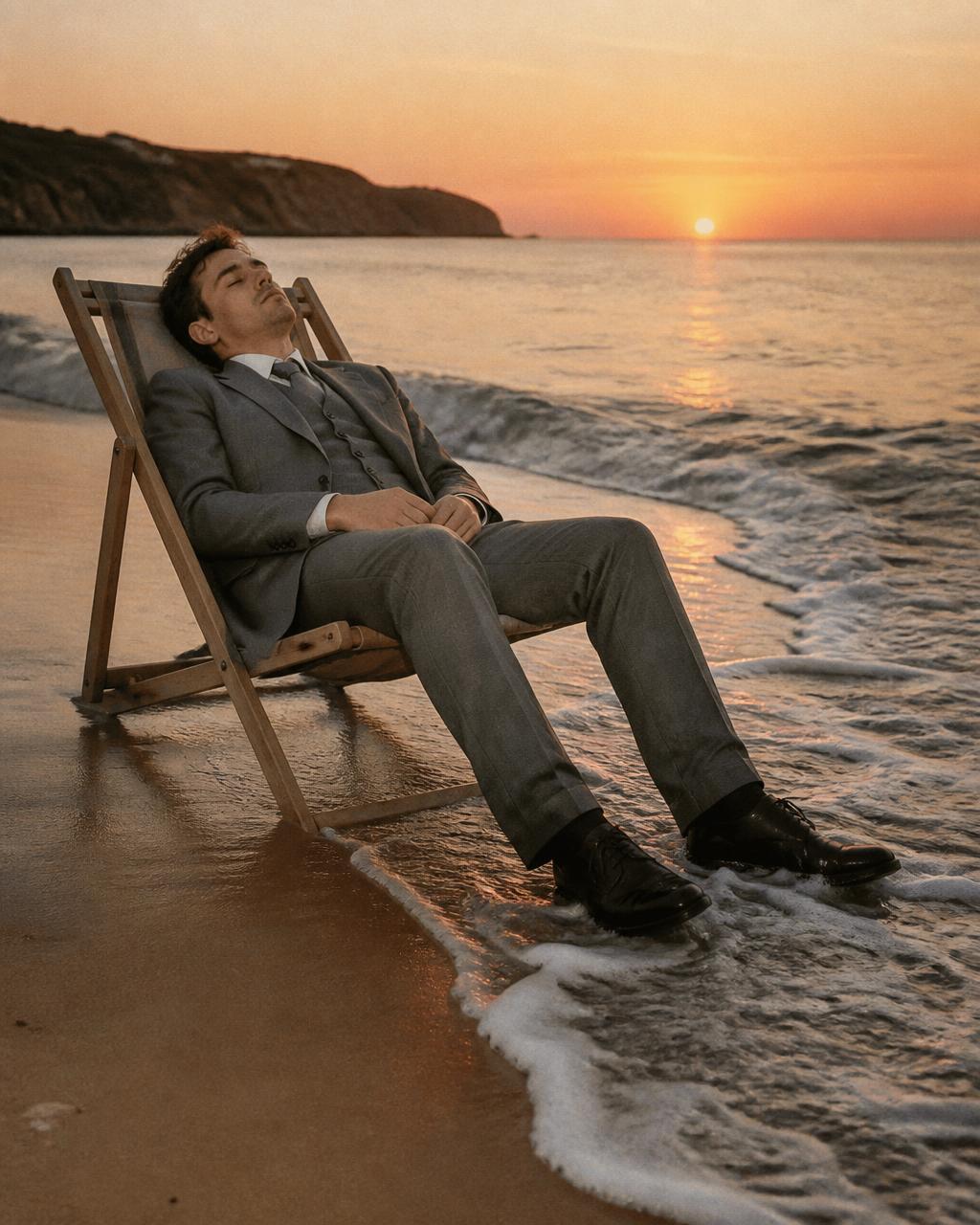Man asleep in a beach chair in a three-piece suit as the tide reaches his shoes
