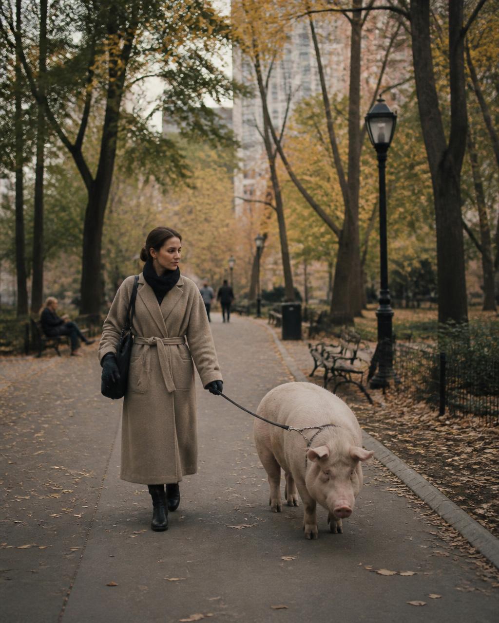 Woman calmly walking a large pig on a leash through an autumn park